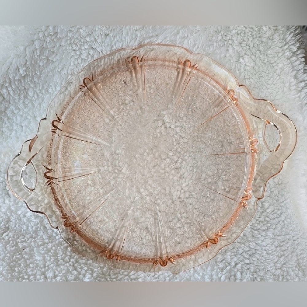 Cherry Blossom Jeanette Glass Co. Vintage Pink Depression Glass Cake Plate